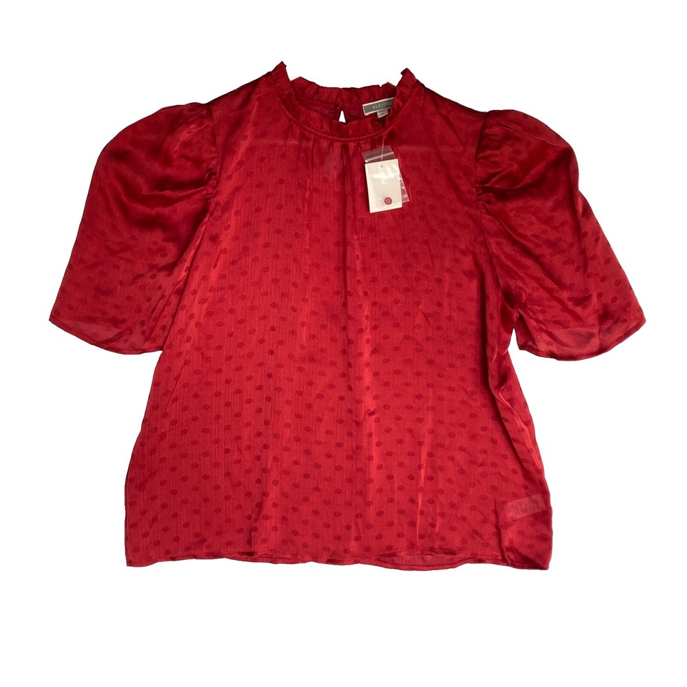 Pleione Red Dot-Satin Puff Sleeve Blouse